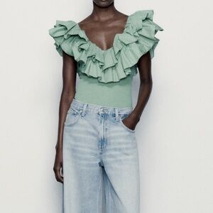 Zara Mint Green Ruffle Boho Gypsy Chic Blouse Bodysuit - Small